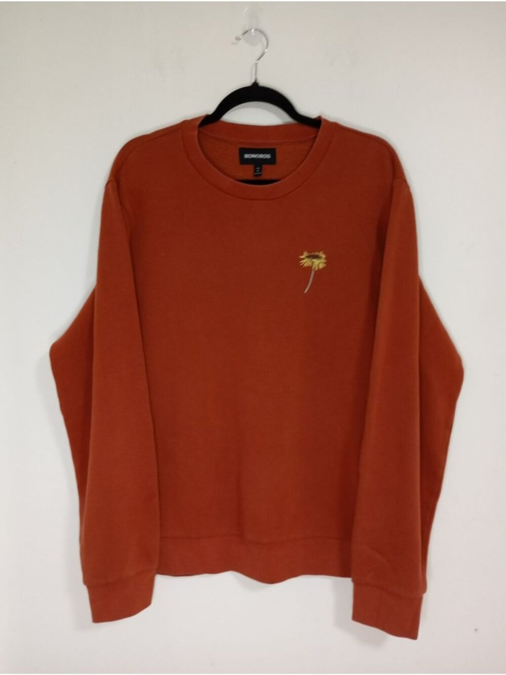 Bonobos Mens Rust Orange Crewneck Sweatshirt Embroidered Yellow Flower Size M